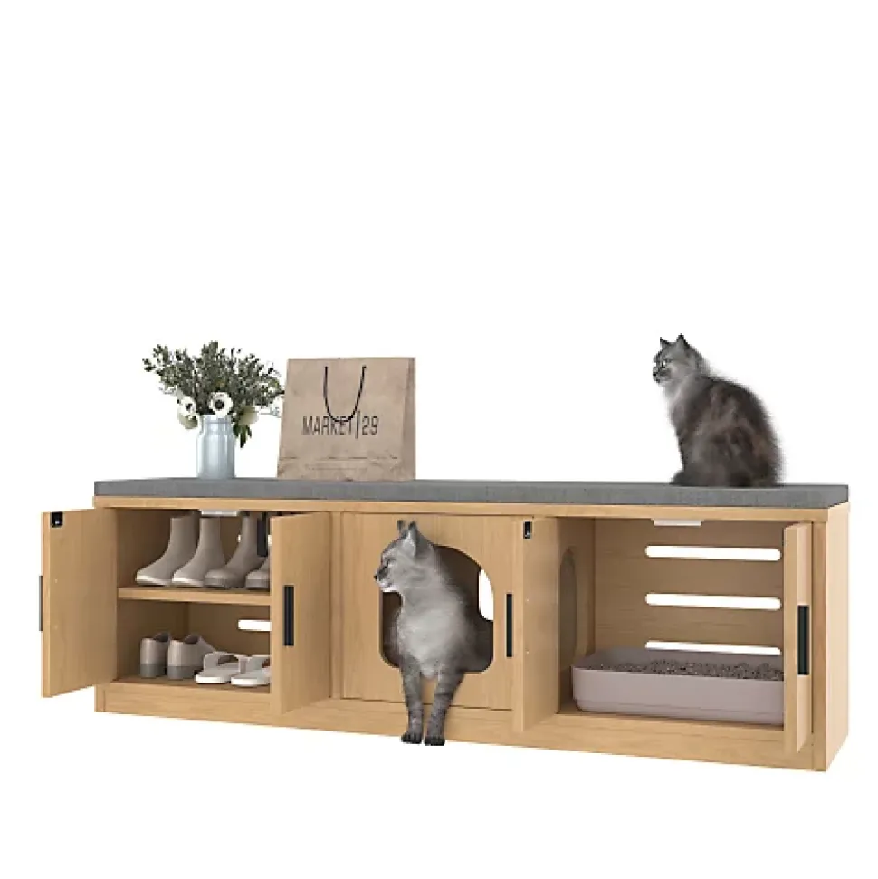 Meuble à chaussures/meuble litière pour chat - 140x40x45,5 cm - Avec griffoir et ventilation - Égères réglables - Naturel