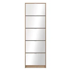 Meuble a chaussures - KOBLENZ - Chene artisan - 58 x 177 x 17 cm - 5 abattants - Facade miroir