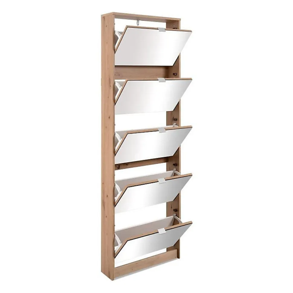 Meuble a chaussures - KOBLENZ - Chene artisan - 58 x 177 x 17 cm - 5 abattants - Facade miroir
