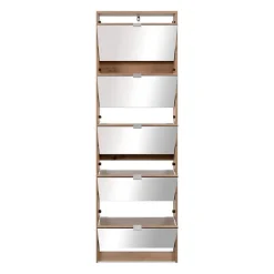 Meuble a chaussures - KOBLENZ - Chene artisan - 58 x 177 x 17 cm - 5 abattants - Facade miroir