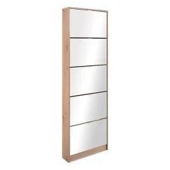 Meuble a chaussures - KOBLENZ - Chene artisan - 58 x 177 x 17 cm - 5 abattants - Facade miroir