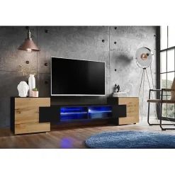 Meuble Banc TV Merano Version 2 Komodee - LED Bleues - Bois naturel Mat et Noir - 230 x 53 x 35 cm