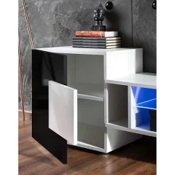 Meuble Banc TV Merano Version 2 Komodee - LED Bleues - Bois naturel Mat et Noir - 230 x 53 x 35 cm