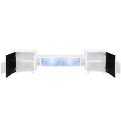 Meuble Banc TV Merano Version 2 Komodee - LED Bleues - Bois naturel Mat et Noir - 230 x 53 x 35 cm