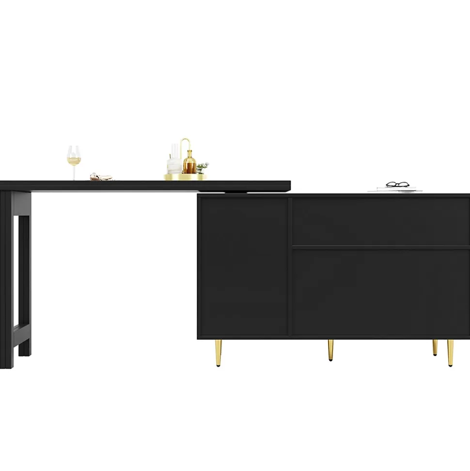 Meuble Bar - Meuble Bar Pivotant avec Étagères Ouvertes et Portes en Rotin - MDF - Noir - 120-187x40x76 cm