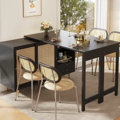 Meuble Bar - Meuble Bar Pivotant avec Étagères Ouvertes et Portes en Rotin - MDF - Noir - 120-187x40x76 cm