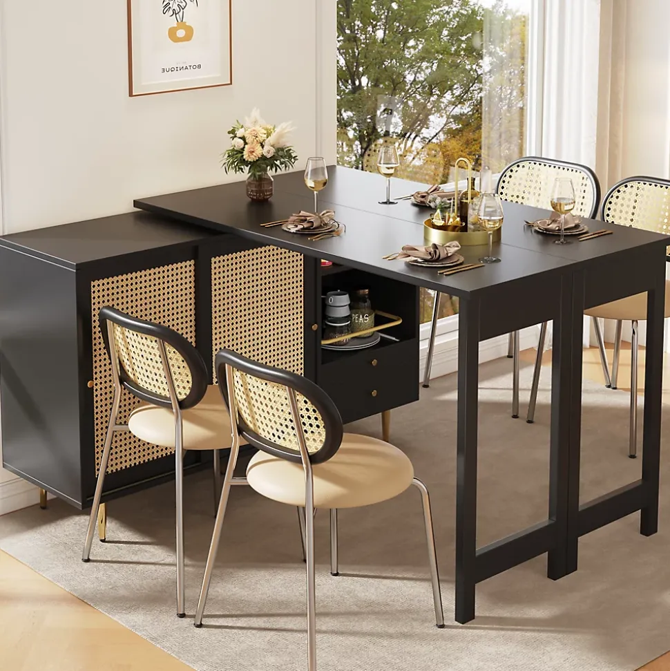 Meuble Bar - Meuble Bar Pivotant avec Étagères Ouvertes et Portes en Rotin - MDF - Noir - 120-187x40x76 cm