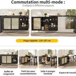 Meuble Bar - Meuble Bar Pivotant avec Étagères Ouvertes et Portes en Rotin - MDF - Noir - 120-187x40x76 cm