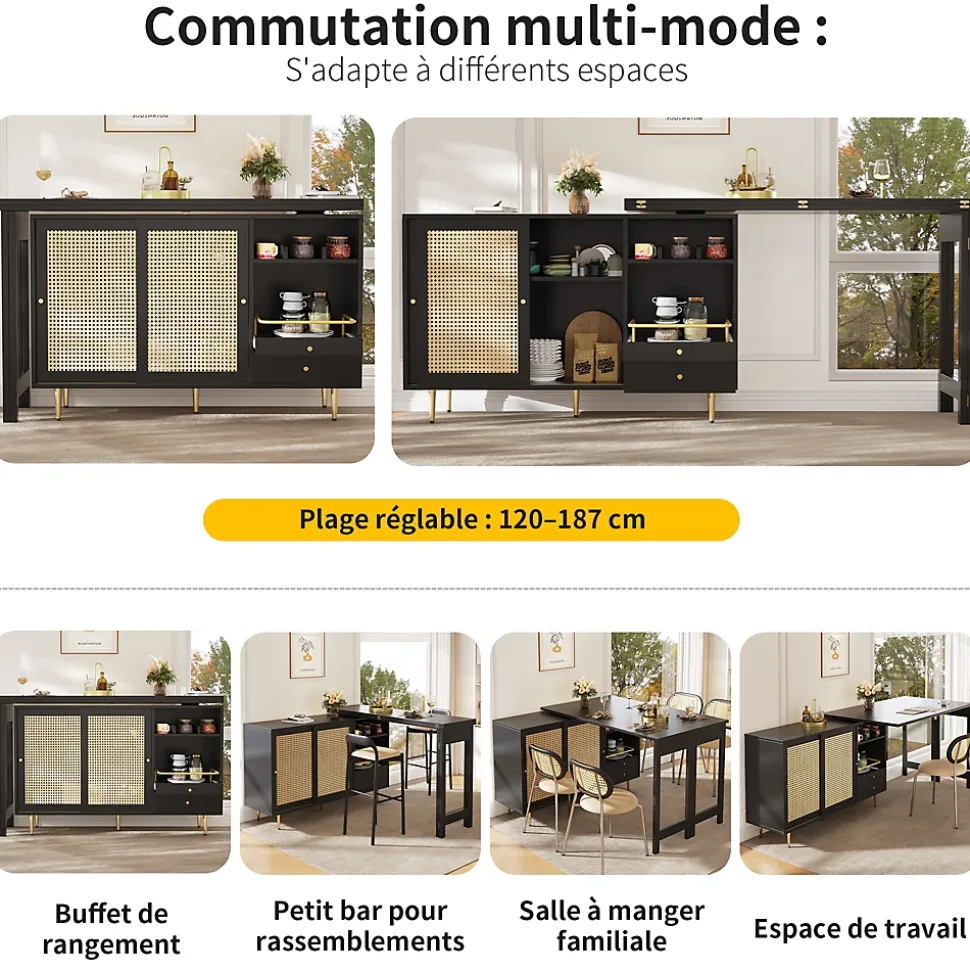 Meuble Bar - Meuble Bar Pivotant avec Étagères Ouvertes et Portes en Rotin - MDF - Noir - 120-187x40x76 cm