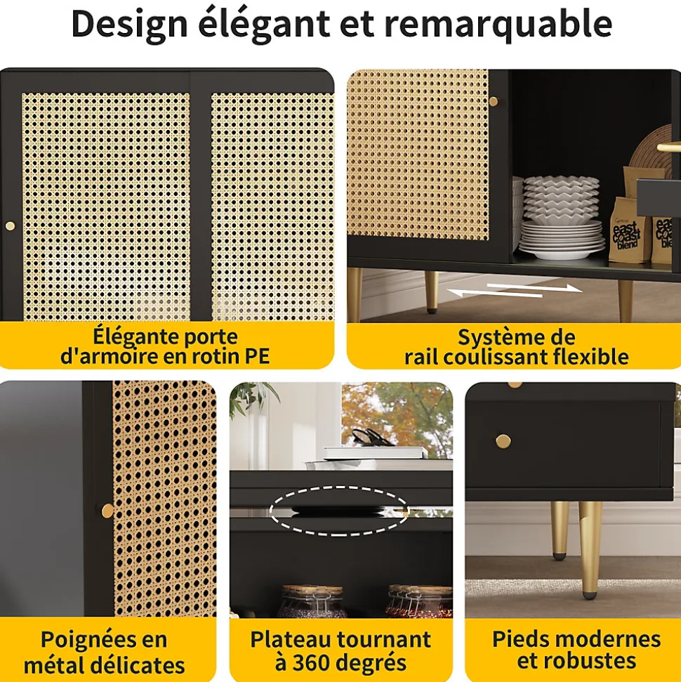 Meuble Bar - Meuble Bar Pivotant avec Étagères Ouvertes et Portes en Rotin - MDF - Noir - 120-187x40x76 cm