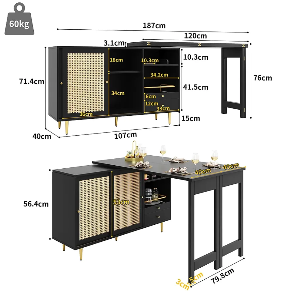 Meuble Bar - Meuble Bar Pivotant avec Étagères Ouvertes et Portes en Rotin - MDF - Noir - 120-187x40x76 cm
