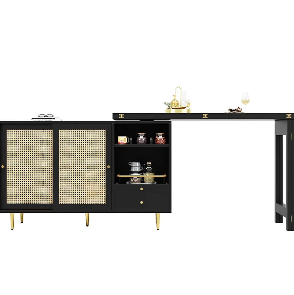 Meuble Bar - Meuble Bar Pivotant avec Étagères Ouvertes et Portes en Rotin - MDF - Noir - 120-187x40x76 cm