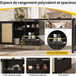 Meuble Bar - Meuble Bar Pivotant avec Étagères Ouvertes et Portes en Rotin - MDF - Noir - 120-187x40x76 cm