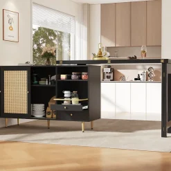 Meuble Bar - Meuble Bar Pivotant avec Étagères Ouvertes et Portes en Rotin - MDF - Noir - 120-187x40x76 cm