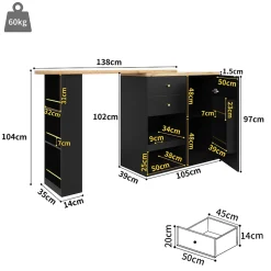 Meuble Bar - Meuble Bar Pivotant avec 2 Tiroirs, Portes Coulissantes et 3 Étagères Ouvertes - MDF - Noir - 105-138x39x102 cm