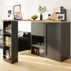 Meuble Bar - Meuble Bar Pivotant avec 2 Tiroirs, Portes Coulissantes et 3 Étagères Ouvertes - MDF - Noir - 105-138x39x102 cm
