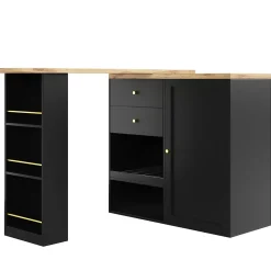 Meuble Bar - Meuble Bar Pivotant avec 2 Tiroirs, Portes Coulissantes et 3 Étagères Ouvertes - MDF - Noir - 105-138x39x102 cm