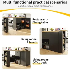 Meuble Bar - Meuble Bar Pivotant avec 2 Tiroirs, Portes Coulissantes et 3 Étagères Ouvertes - MDF - Noir - 105-138x39x102 cm