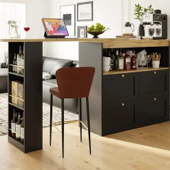 Meuble Bar - Meuble Bar Pivotant avec 4 Tiroirs et Étagères Ouvertes - MDF - Noir - 105-138x39x102 cm