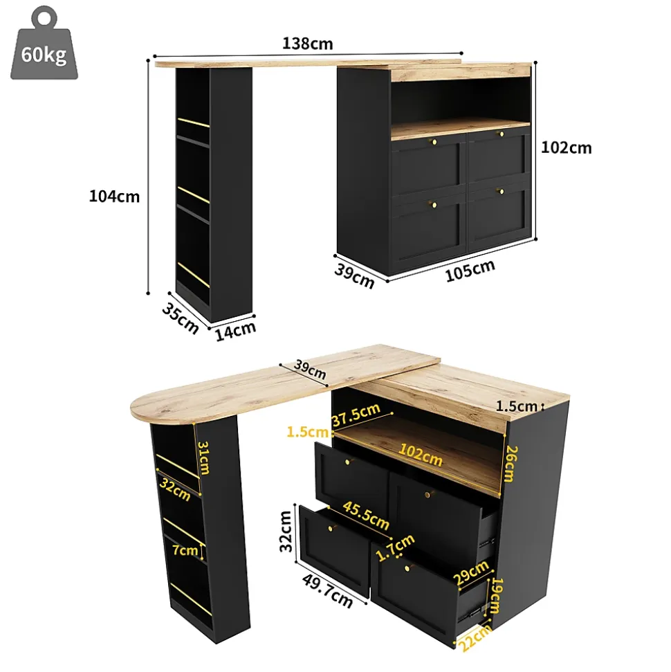 Meuble Bar - Meuble Bar Pivotant avec 4 Tiroirs et Étagères Ouvertes - MDF - Noir - 105-138x39x102 cm