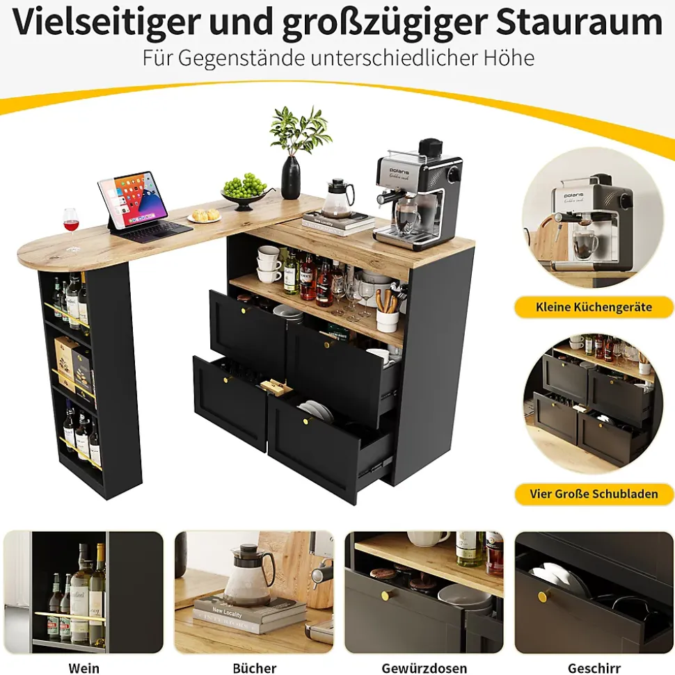 Meuble Bar - Meuble Bar Pivotant avec 4 Tiroirs et Étagères Ouvertes - MDF - Noir - 105-138x39x102 cm