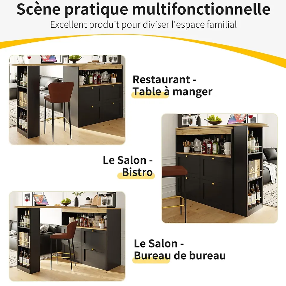 Meuble Bar - Meuble Bar Pivotant avec 4 Tiroirs et Étagères Ouvertes - MDF - Noir - 105-138x39x102 cm