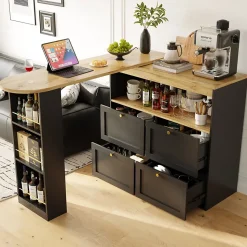 Meuble Bar - Meuble Bar Pivotant avec 4 Tiroirs et Étagères Ouvertes - MDF - Noir - 105-138x39x102 cm