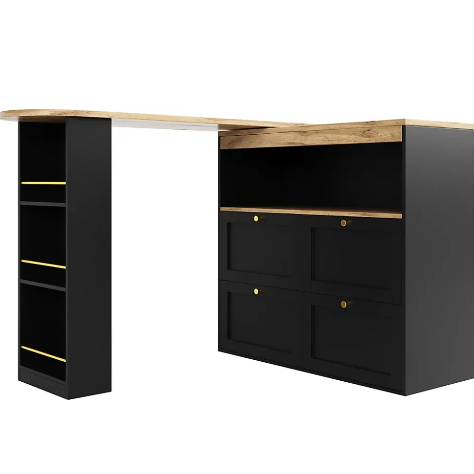 Meuble Bar - Meuble Bar Pivotant avec 4 Tiroirs et Étagères Ouvertes - MDF - Noir - 105-138x39x102 cm