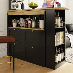 Meuble Bar - Meuble Bar Pivotant avec 4 Tiroirs et Étagères Ouvertes - MDF - Noir - 105-138x39x102 cm