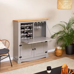 Meuble bar à vin en pin TEQUILA style mexicain, lasuré gris et brun