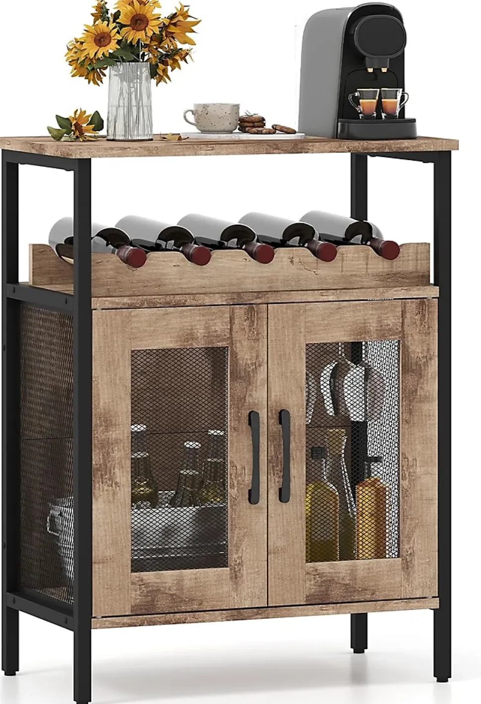 Meuble Bar à Vin,Table Autoportante avec Porte-Verres,Casier à Vin Amovible,Porte en Métal Grillagé,60 x 34 x 79 CM (Gris Bois)