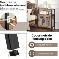 Meuble Bar à Vin,Table Autoportante avec Porte-Verres,Casier à Vin Amovible,Porte en Métal Grillagé,60 x 34 x 79 CM (Gris Bois)