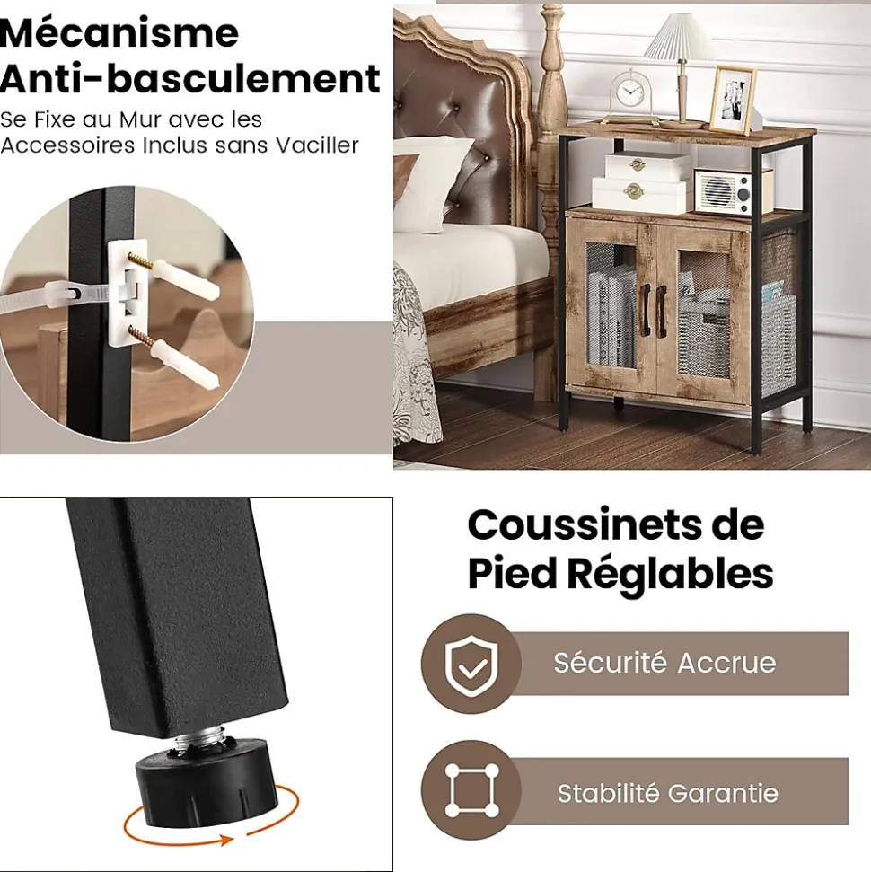 Meuble Bar à Vin,Table Autoportante avec Porte-Verres,Casier à Vin Amovible,Porte en Métal Grillagé,60 x 34 x 79 CM (Gris Bois)