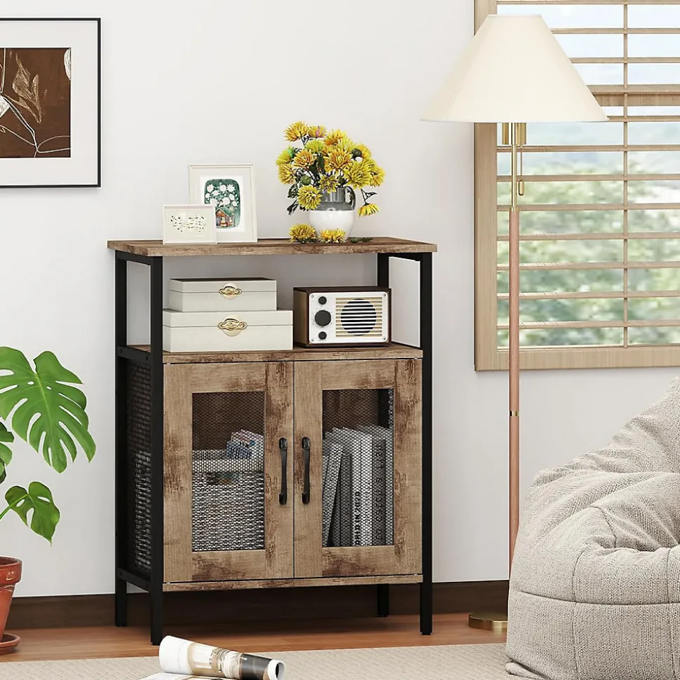 Meuble Bar à Vin,Table Autoportante avec Porte-Verres,Casier à Vin Amovible,Porte en Métal Grillagé,60 x 34 x 79 CM (Gris Bois)