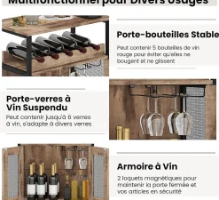 Meuble Bar à Vin,Table Autoportante avec Porte-Verres,Casier à Vin Amovible,Porte en Métal Grillagé,60 x 34 x 79 CM (Gris Bois)