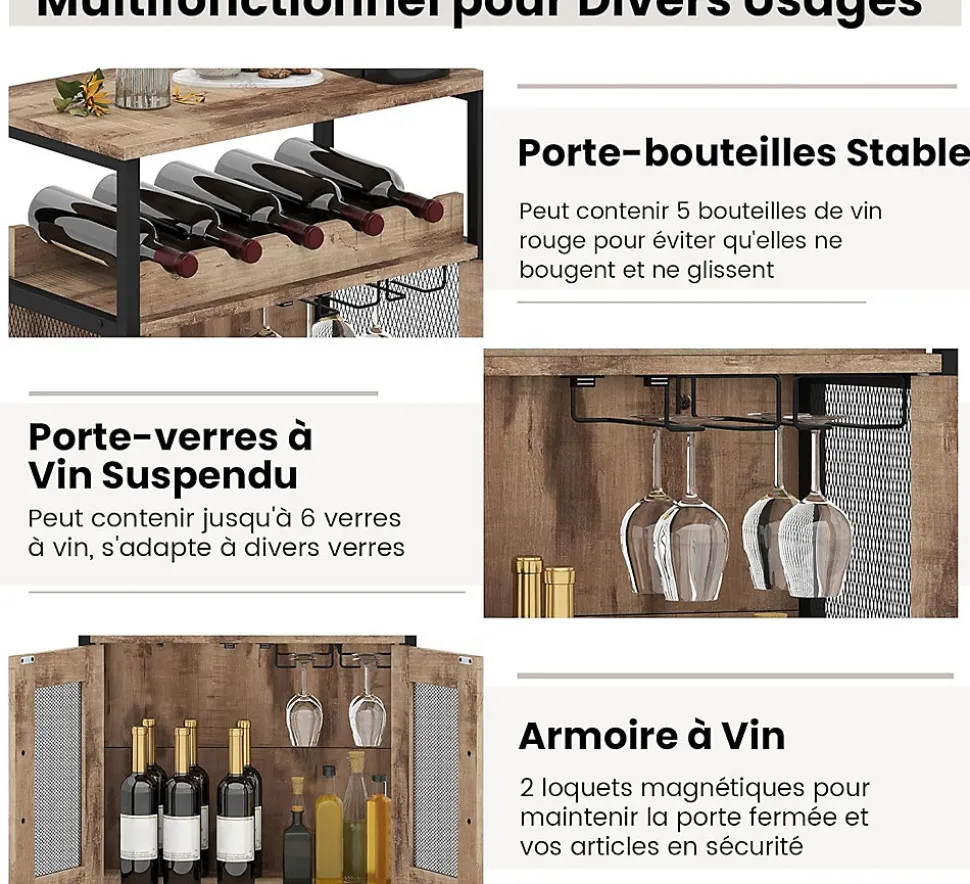 Meuble Bar à Vin,Table Autoportante avec Porte-Verres,Casier à Vin Amovible,Porte en Métal Grillagé,60 x 34 x 79 CM (Gris Bois)