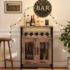 Meuble Bar à Vin,Table Autoportante avec Porte-Verres,Casier à Vin Amovible,Porte en Métal Grillagé,60 x 34 x 79 CM (Gris Bois)
