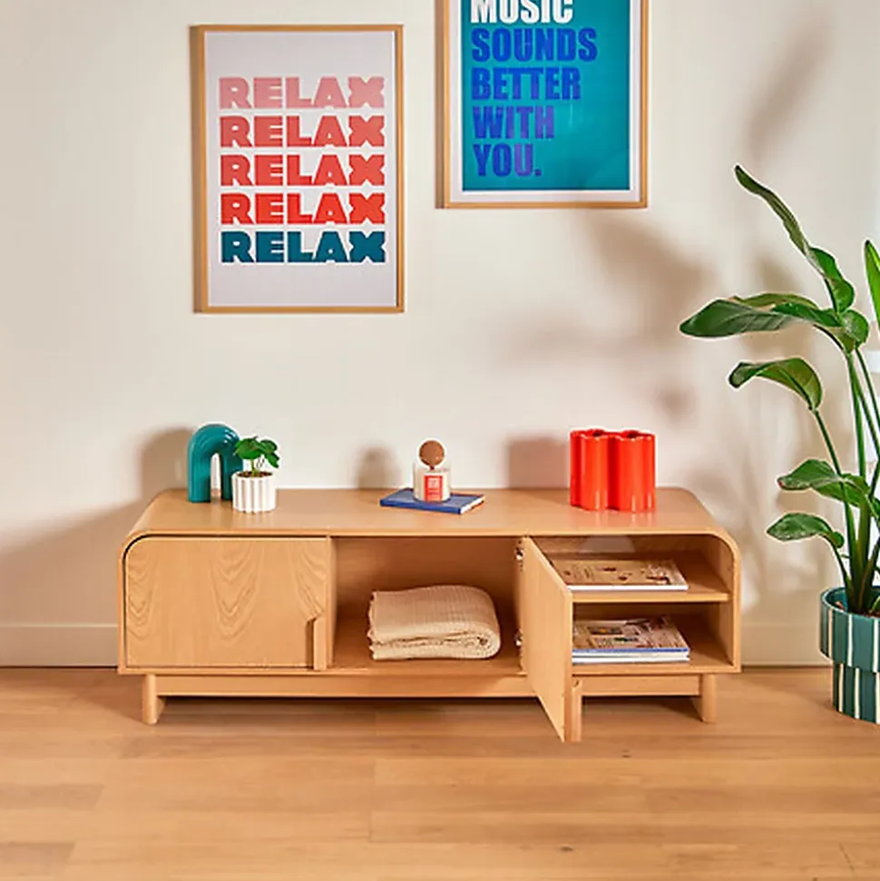 Meuble bas 2 portes 1 étagères Lee beige 140x40cm - Atmosphera