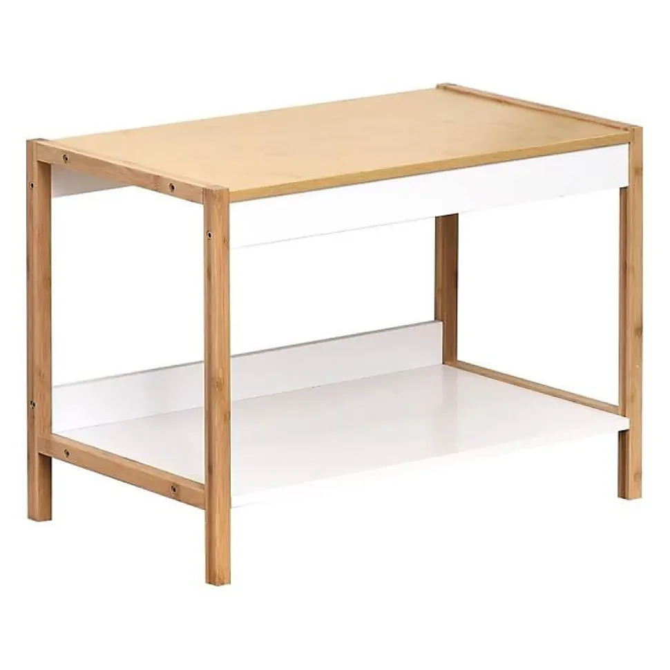 Meuble bas de salle de bain en bambou et bois MDF - TENDANCE - 1 étagère - Blanc - 60 x 34 x 43 cm