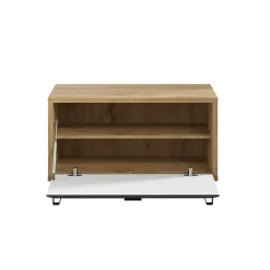 Meuble bas d'entrée : Banc mélaminé - Chêne et Feutre - Naturel-Gris foncé - 79 - 51 - 42 cm