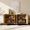 Meuble buffet 4 portes style vintage en bois naturel avec poignées métal noir, 160 x 35 x 80 cm, Couleur bois naturel
