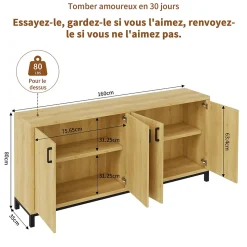 Meuble buffet 4 portes style vintage en bois naturel avec poignées métal noir, 160 x 35 x 80 cm, Couleur bois naturel