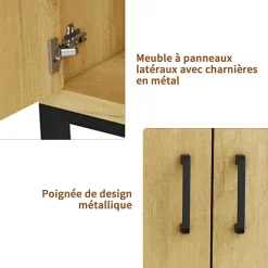 Meuble buffet 4 portes style vintage en bois naturel avec poignées métal noir, 160 x 35 x 80 cm, Couleur bois naturel