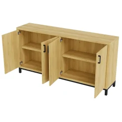 Meuble buffet 4 portes style vintage en bois naturel avec poignées métal noir, 160 x 35 x 80 cm, Couleur bois naturel