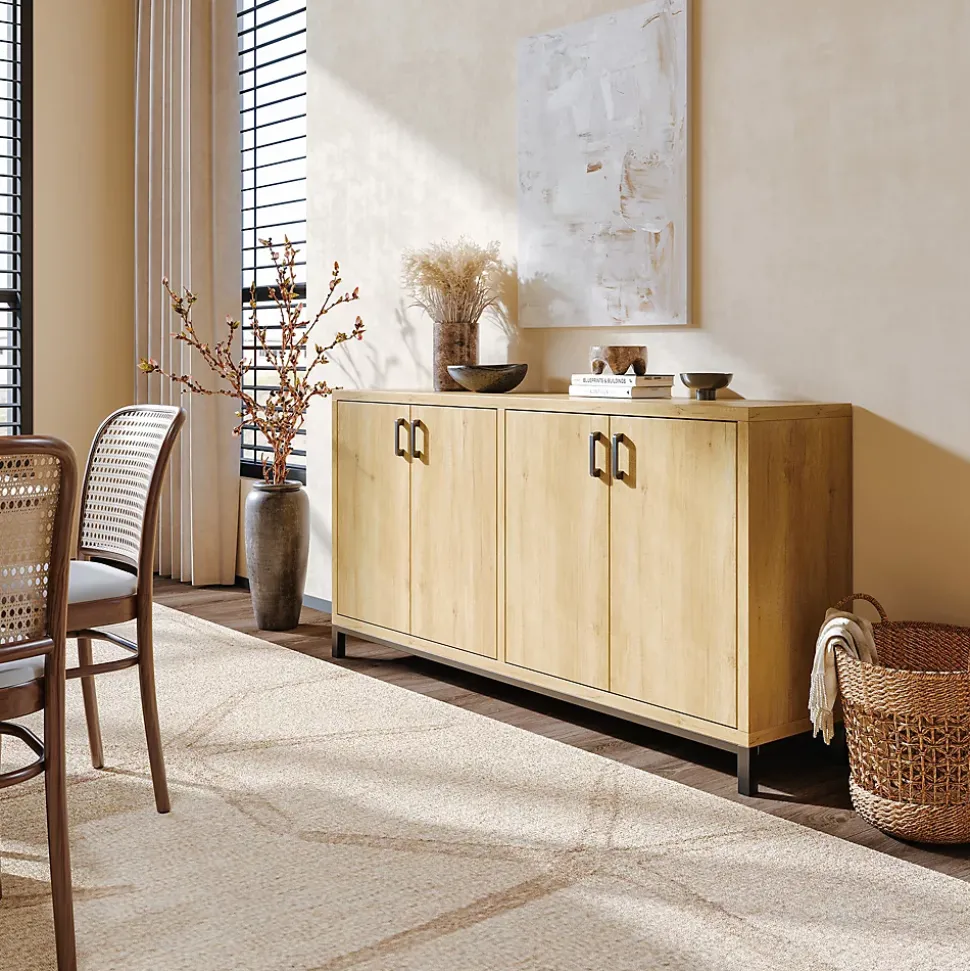 Meuble buffet 4 portes style vintage en bois naturel avec poignées métal noir, 160 x 35 x 80 cm, Couleur bois naturel