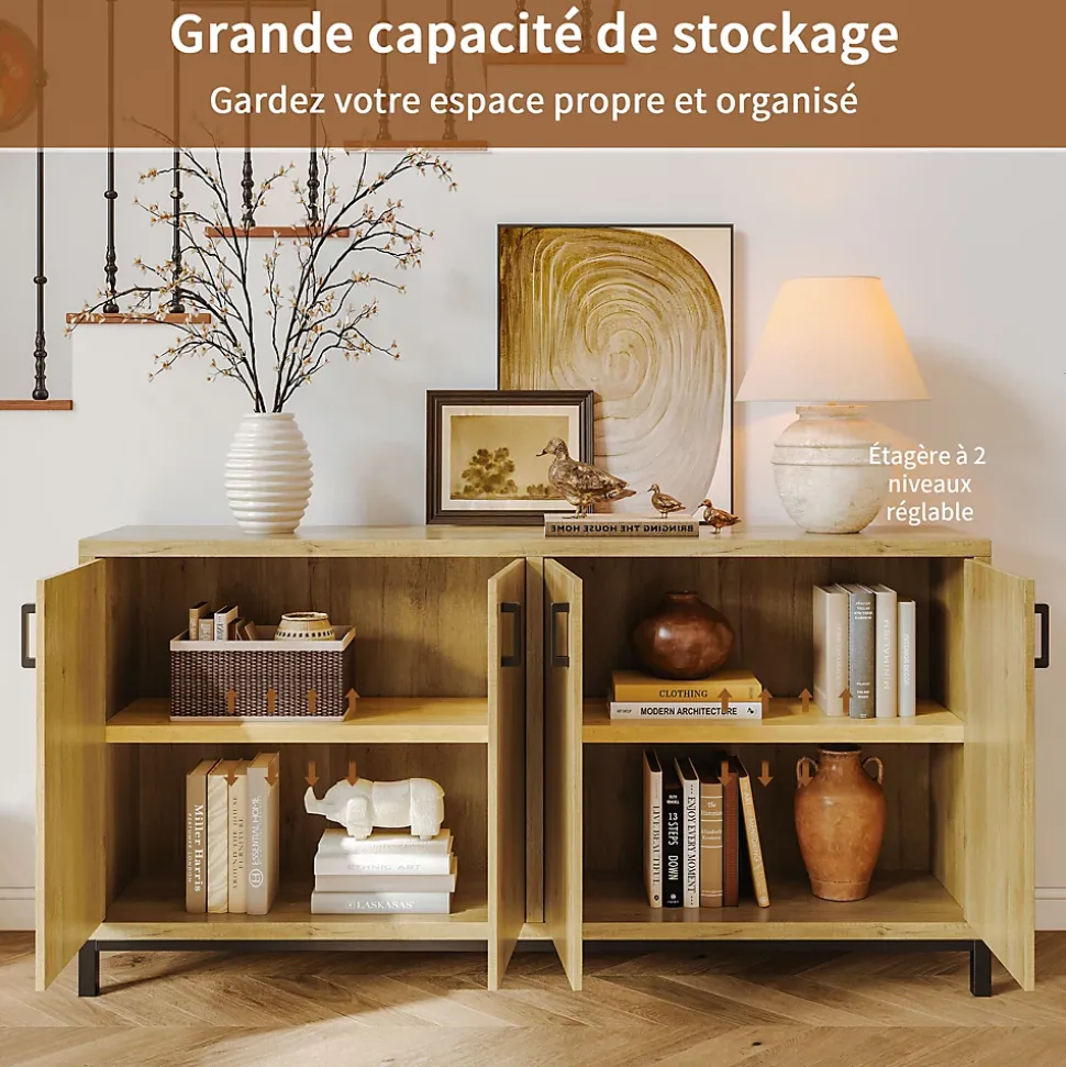 Meuble buffet 4 portes style vintage en bois naturel avec poignées métal noir, 160 x 35 x 80 cm, Couleur bois naturel