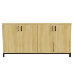 Meuble buffet 4 portes style vintage en bois naturel avec poignées métal noir, 160 x 35 x 80 cm, Couleur bois naturel