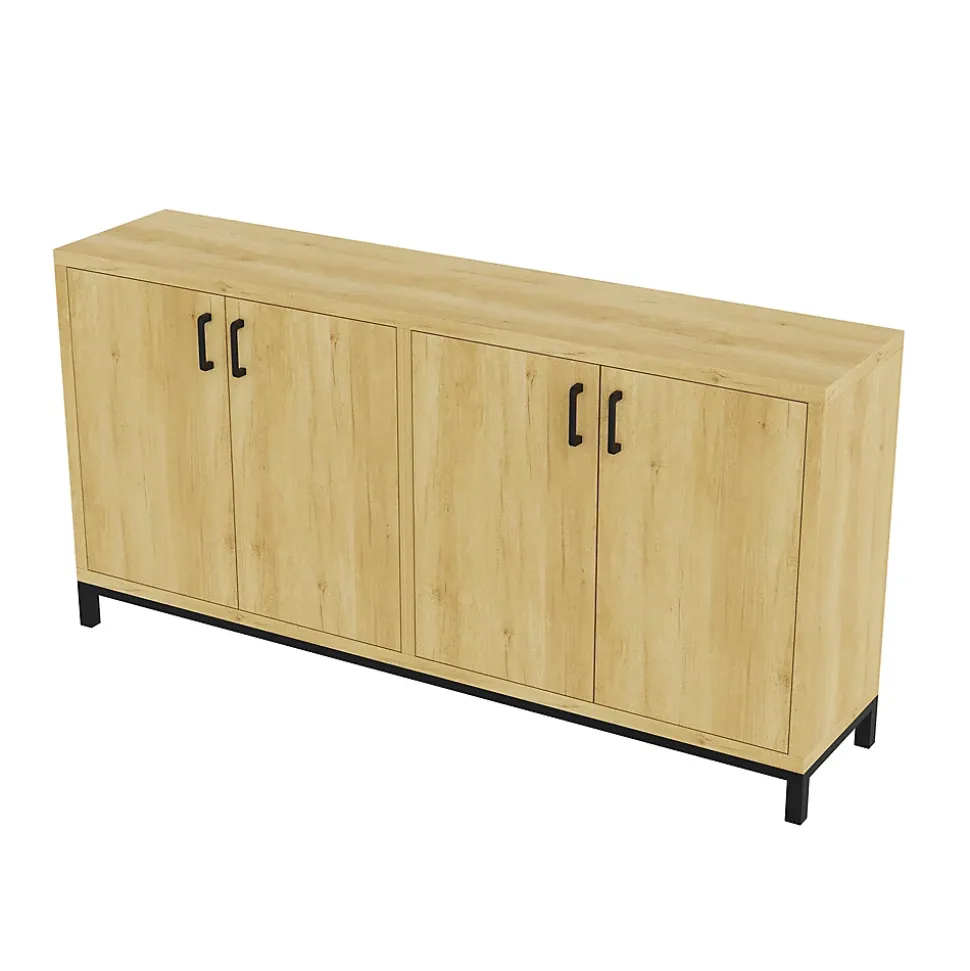 Meuble buffet 4 portes style vintage en bois naturel avec poignées métal noir, 160 x 35 x 80 cm, Couleur bois naturel