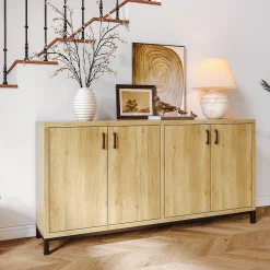 Meuble buffet 4 portes style vintage en bois naturel avec poignées métal noir, 160 x 35 x 80 cm, Couleur bois naturel