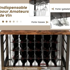Meuble Casier à Vin aevc Station de Charge Intégrée, Porte-Bouteille pour 9 Verres et 24 Bouteilles, 162,5x48x76CM